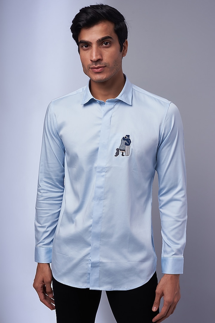 Light Blue Cotton & Lycra Embroidered Party Wear Shirt by ALOUKIK at Pernia's Pop Up Shop