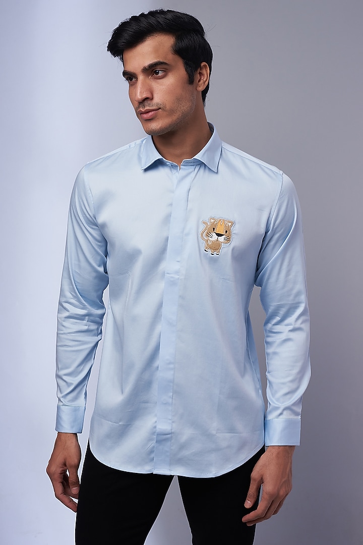 Light Blue Cotton & Lycra Embroidered Shirt by ALOUKIK