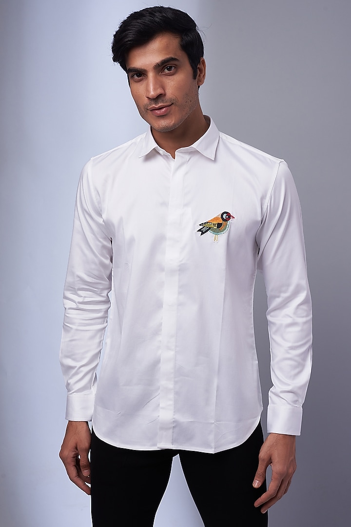 White Cotton & Lycra Embroidered Shirt by SAMMOHAN