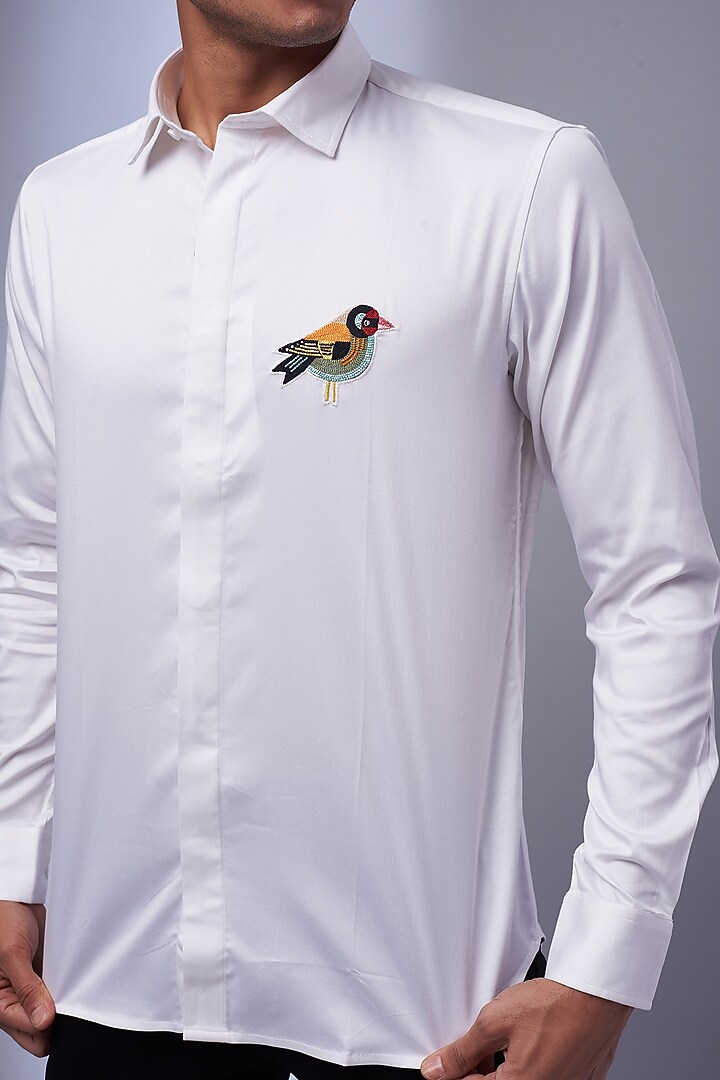 White Cotton & Lycra Embroidered Party Wear Shirt by ALOUKIK at Pernia's Pop Up Shop