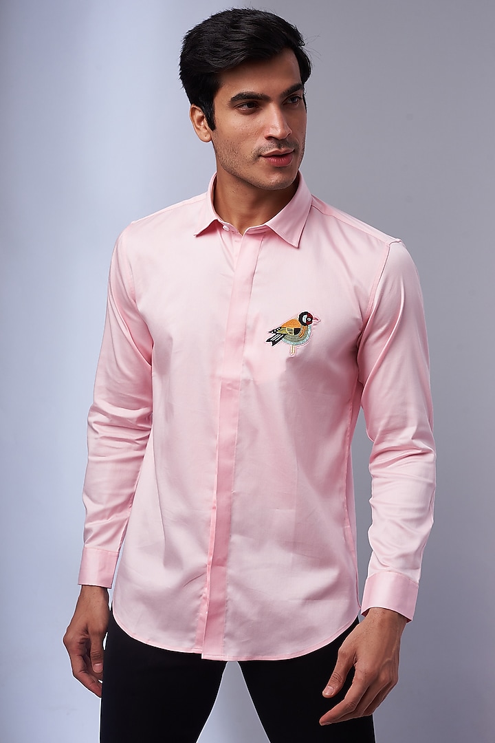 Light Pink Cotton & Lycra Embroidered Shirt by ALOUKIK