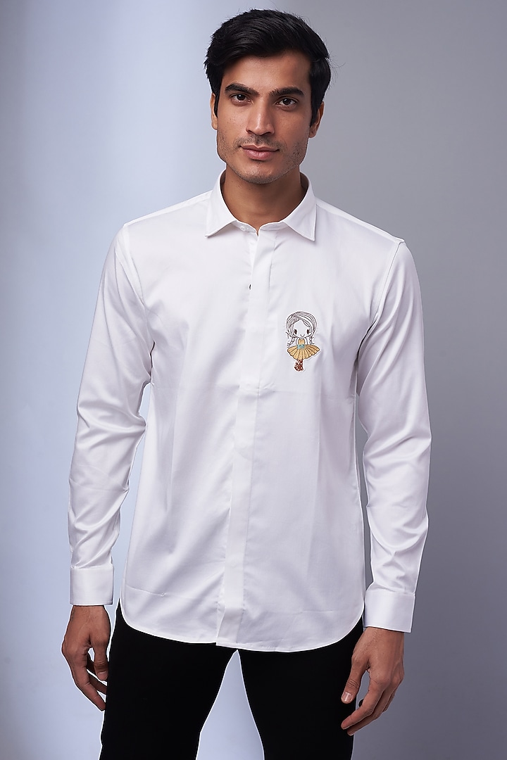 White Cotton & Lycra Embroidered Shirt by SAMMOHAN