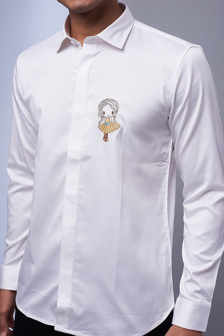 White Cotton & Lycra Embroidered Party Wear Shirt by ALOUKIK at Pernia's Pop Up Shop