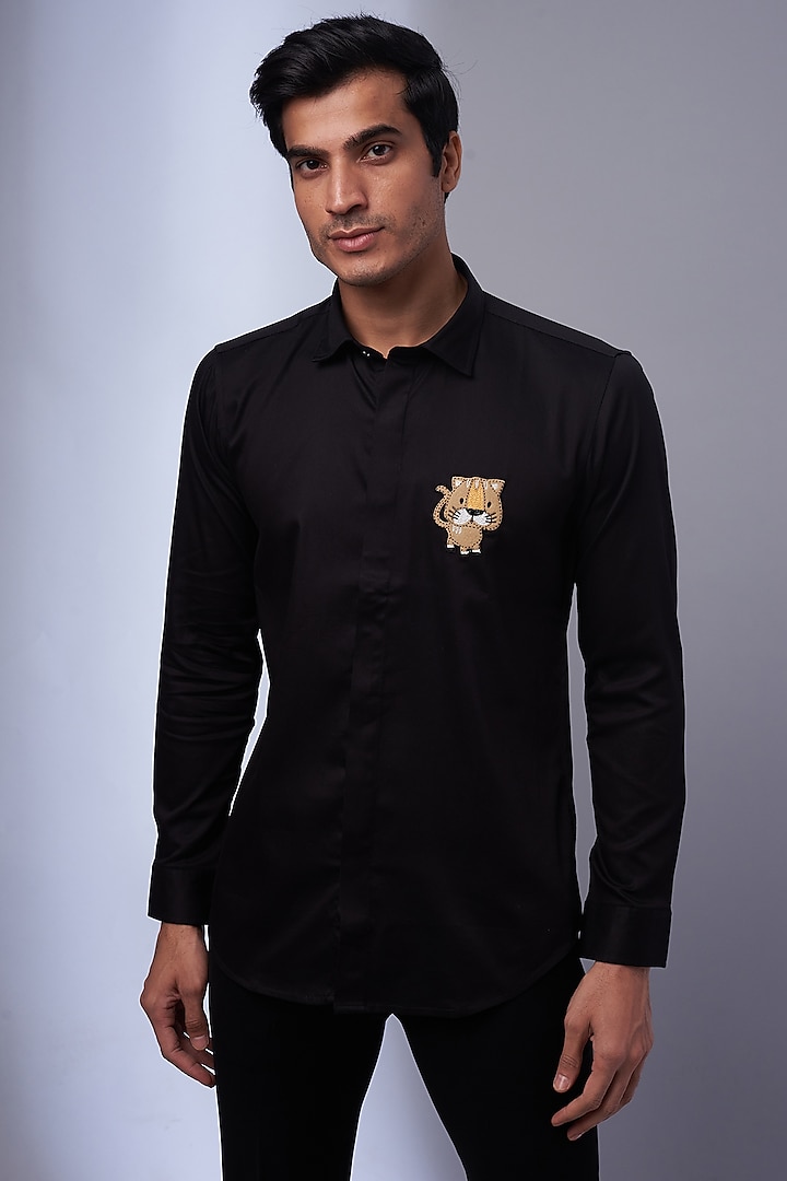 Black Cotton & Lycra Embroidered Shirt by ALOUKIK