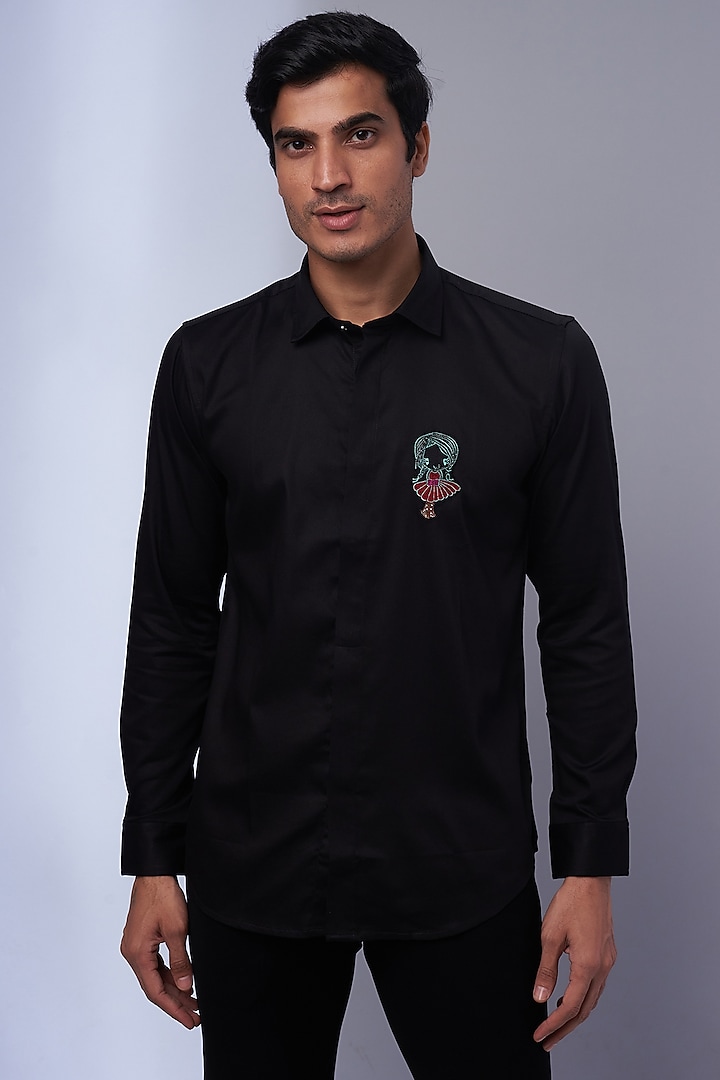 Black Cotton & Lycra Embroidered Shirt by ALOUKIK