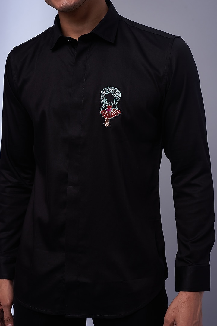 Black Cotton & Lycra Embroidered Party Wear Shirt by ALOUKIK at Pernia's Pop Up Shop
