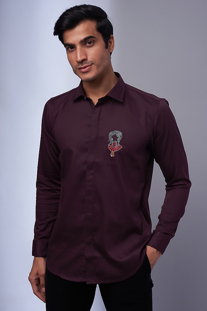 Wine Cotton & Lycra Embroidered Shirt by SAMMOHAN