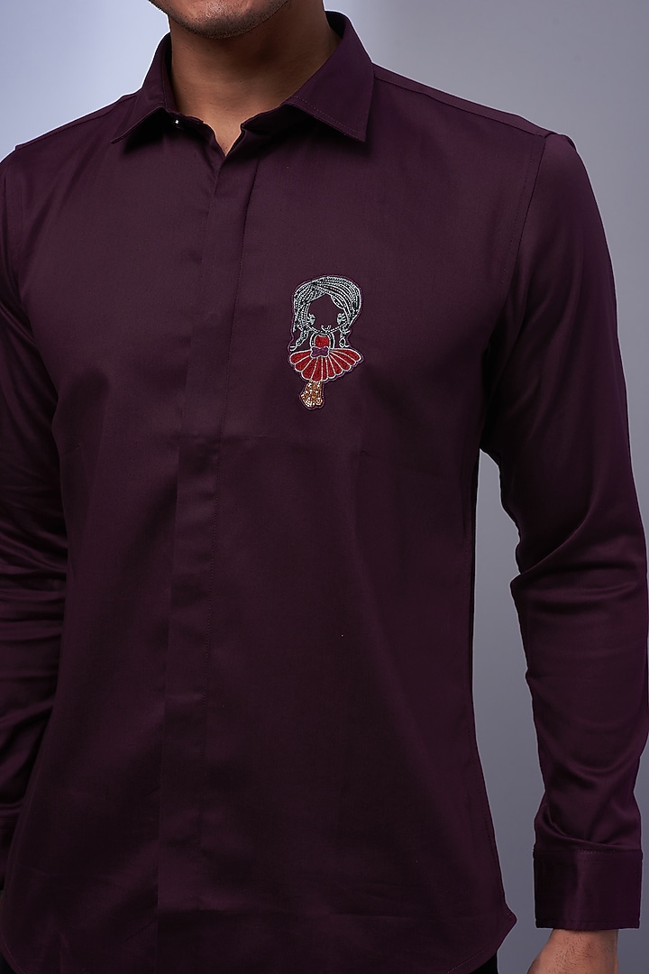 Wine Cotton & Lycra Embroidered Party Wear Shirt by ALOUKIK at Pernia's Pop Up Shop