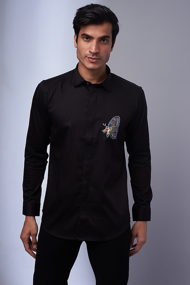 Black Cotton & Lycra Embroidered Shirt by SAMMOHAN