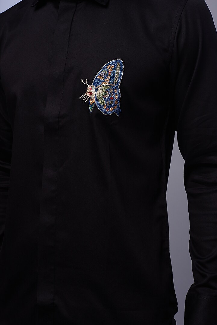 Black Cotton & Lycra Embroidered Party Wear Shirt by ALOUKIK at Pernia's Pop Up Shop