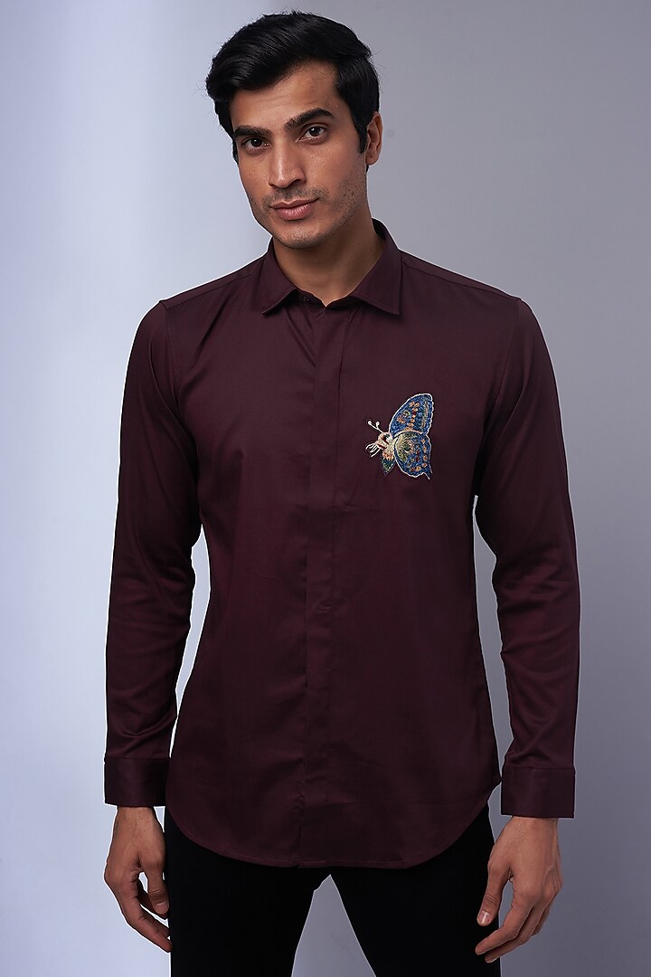 Wine Cotton & Lycra Embroidered Shirt by SAMMOHAN