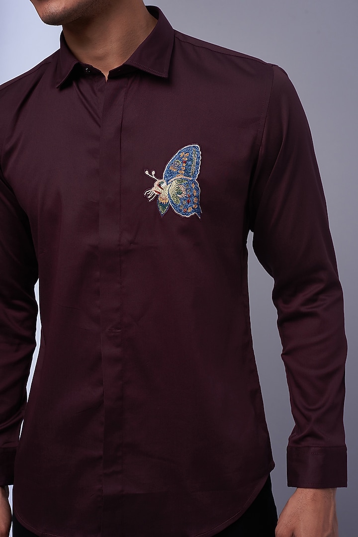 Wine Cotton & Lycra Embroidered Party Wear Shirt by ALOUKIK at Pernia's Pop Up Shop
