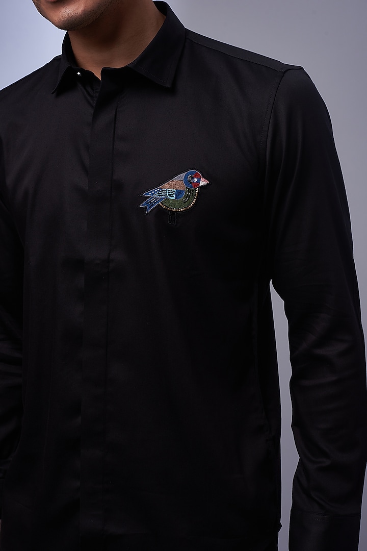 Black Cotton & Lycra Embroidered Party Wear Shirt by ALOUKIK at Pernia's Pop Up Shop