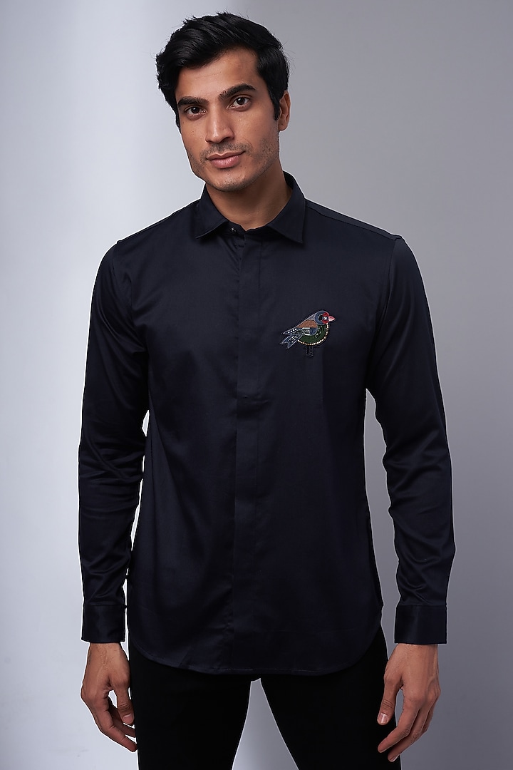 Navy Cotton & Lycra Embroidered Party Wear Shirt by ALOUKIK at Pernia's Pop Up Shop