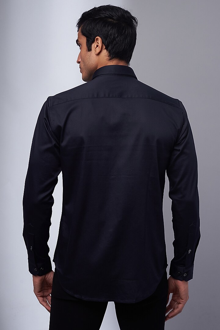 Navy Cotton & Lycra Embroidered Party Wear Shirt by ALOUKIK at Pernia's Pop Up Shop