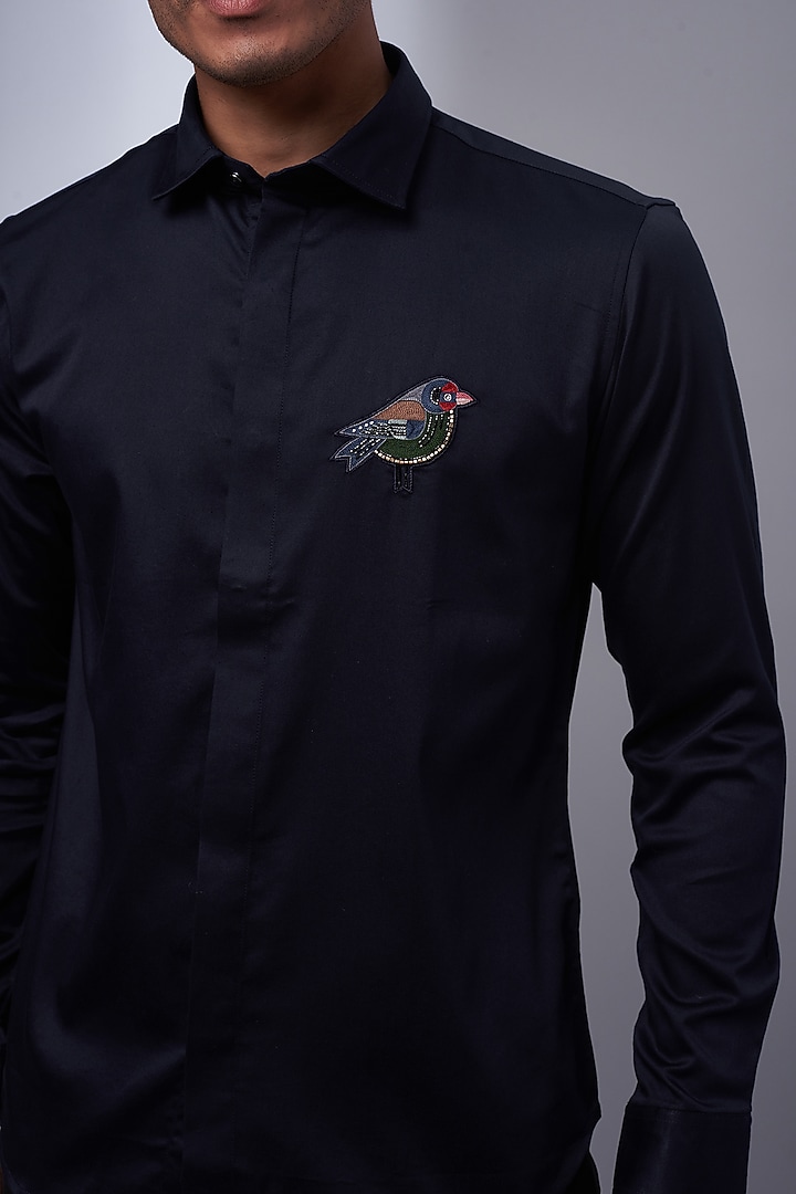 Navy Cotton & Lycra Embroidered Party Wear Shirt by ALOUKIK at Pernia's Pop Up Shop