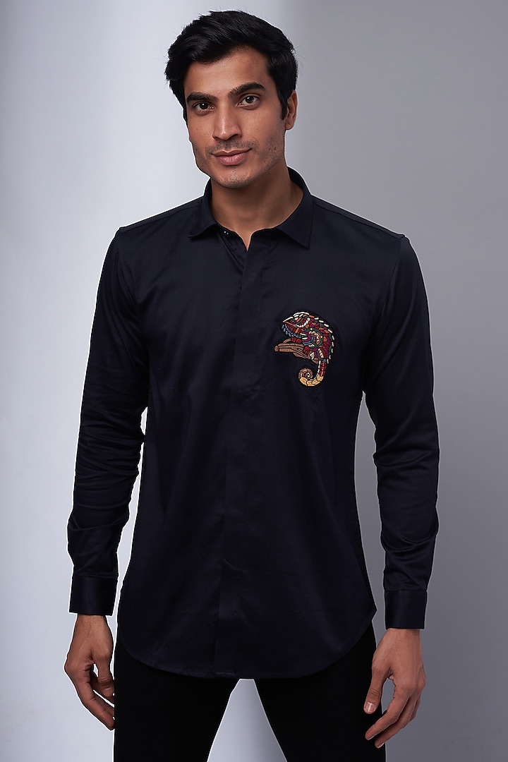 Navy Cotton & Lycra Embroidered Shirt by SAMMOHAN