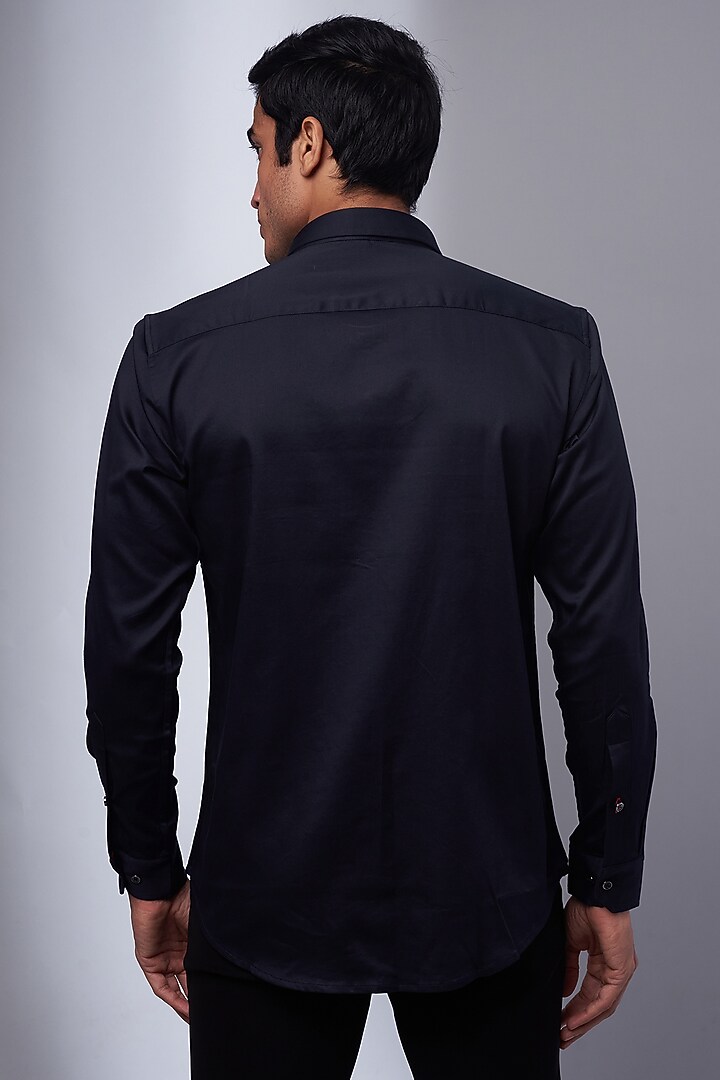 Navy Cotton & Lycra Embroidered Party Wear Shirt by ALOUKIK at Pernia's Pop Up Shop