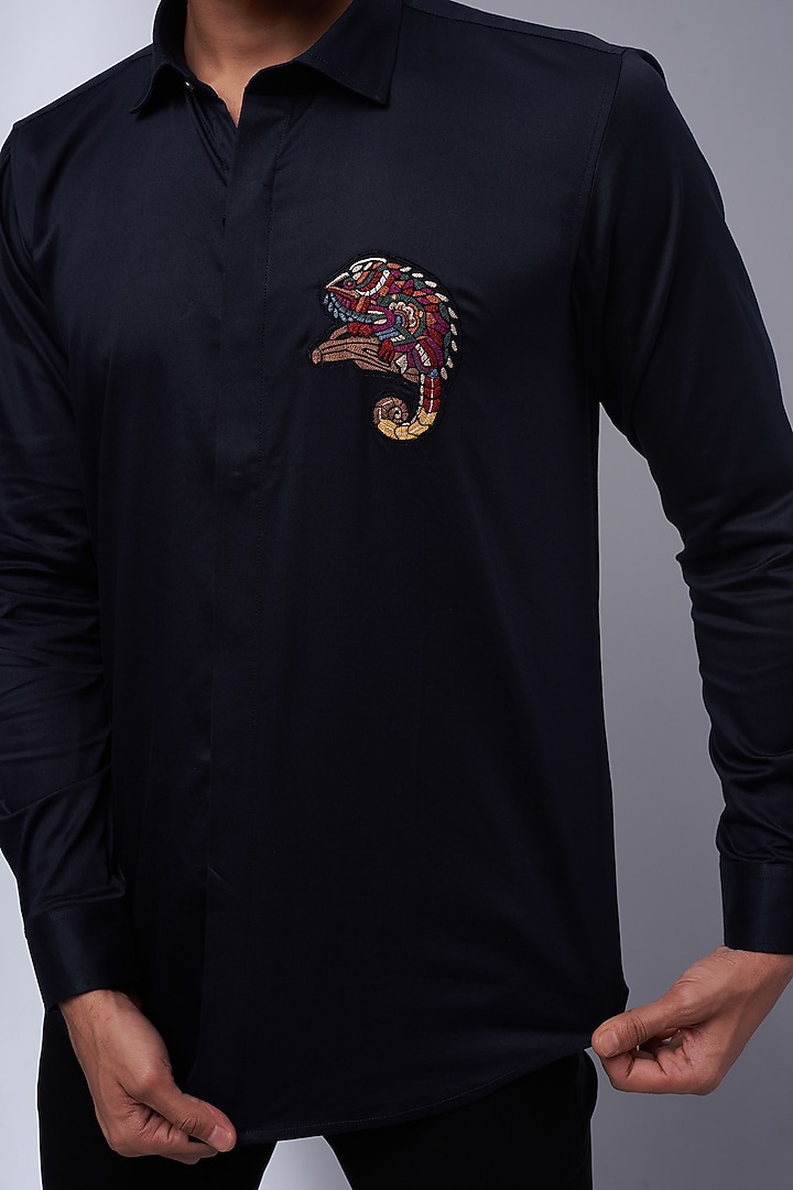 Navy Cotton & Lycra Embroidered Party Wear Shirt by ALOUKIK at Pernia's Pop Up Shop