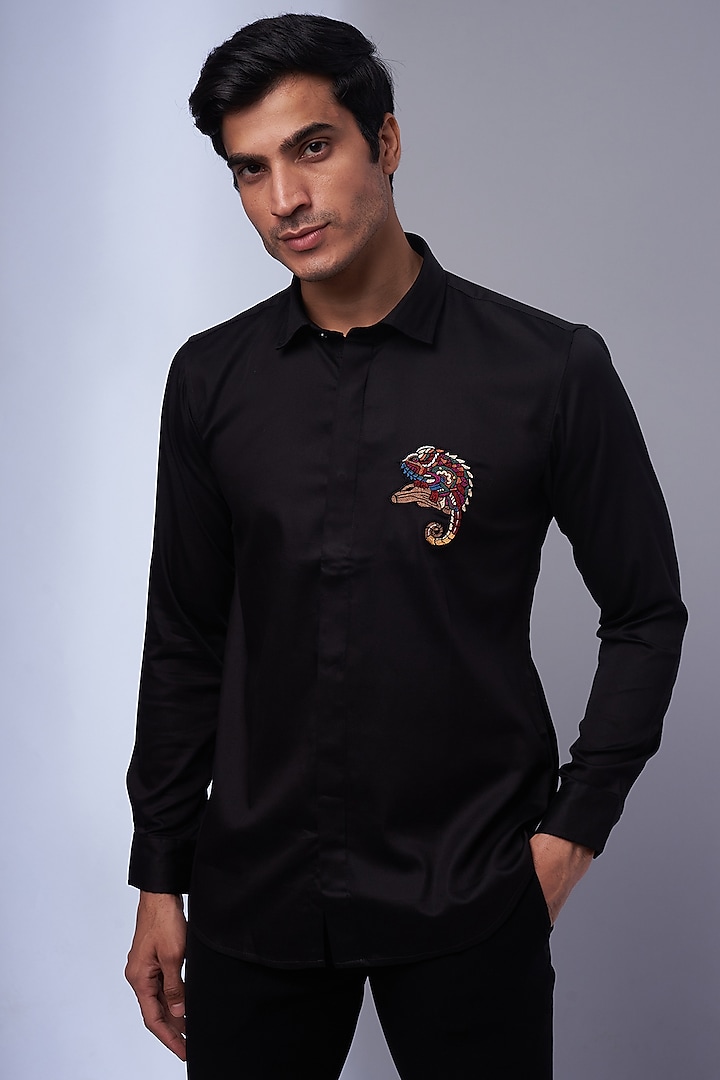 Black Cotton & Lycra Embroidered Shirt by SAMMOHAN