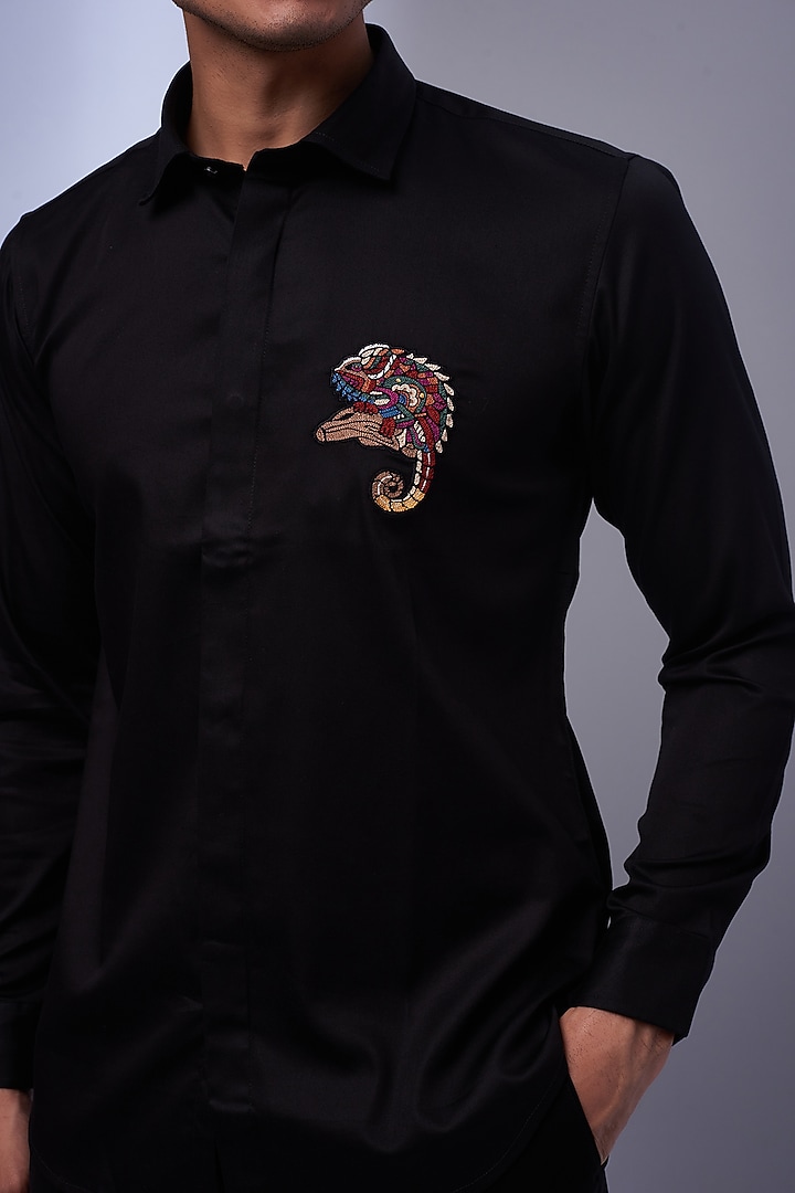 Black Cotton & Lycra Embroidered Party Wear Shirt by ALOUKIK at Pernia's Pop Up Shop