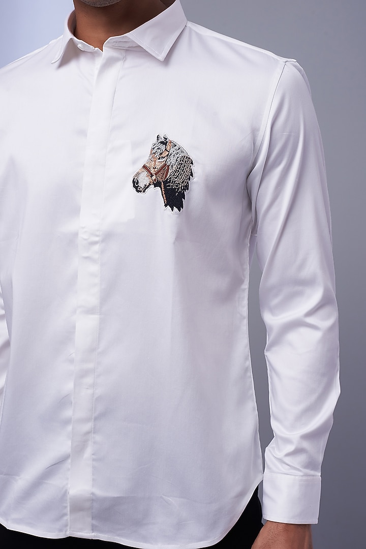 White Cotton & Lycra Embroidered Party Wear Shirt by ALOUKIK at Pernia's Pop Up Shop