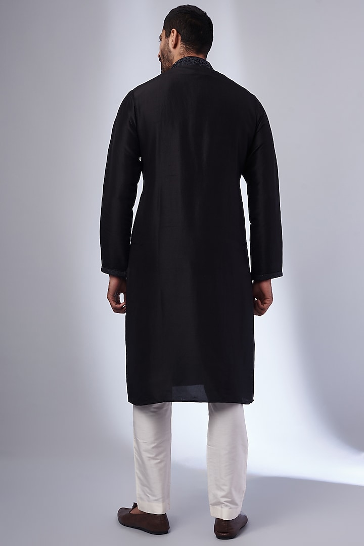 Black Pure Silk Hand Embroidered Kurta Set by SAMMOHAN at Pernia's Pop Up Shop