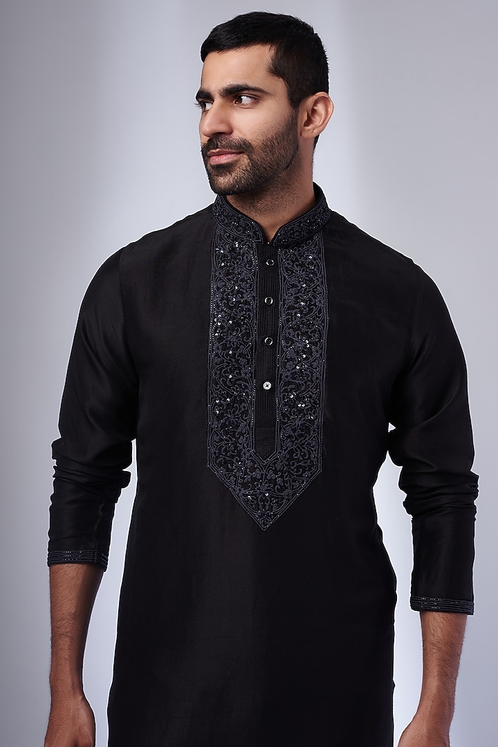 Black Pure Silk Hand Embroidered Kurta Set by SAMMOHAN at Pernia's Pop Up Shop