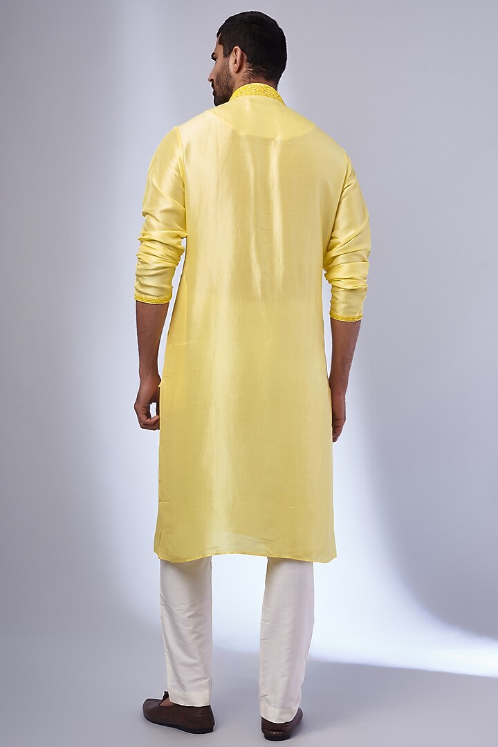 Yellow Pure Silk Hand Embroidered Kurta Set by SAMMOHAN at Pernia's Pop Up Shop