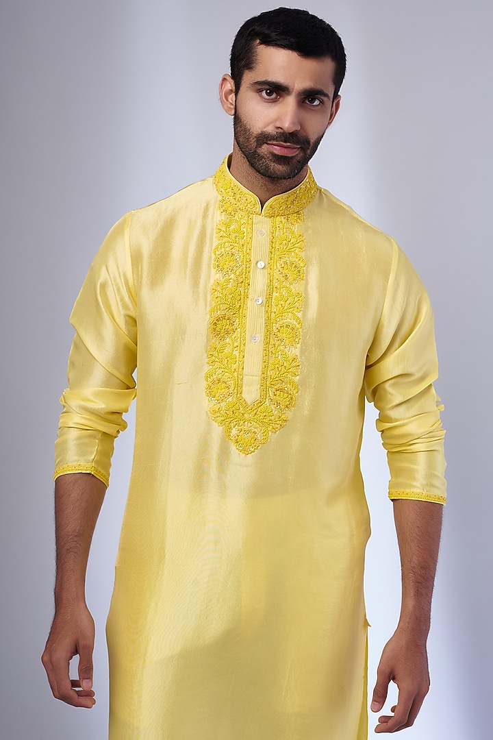 Yellow Pure Silk Hand Embroidered Kurta Set by SAMMOHAN at Pernia's Pop Up Shop