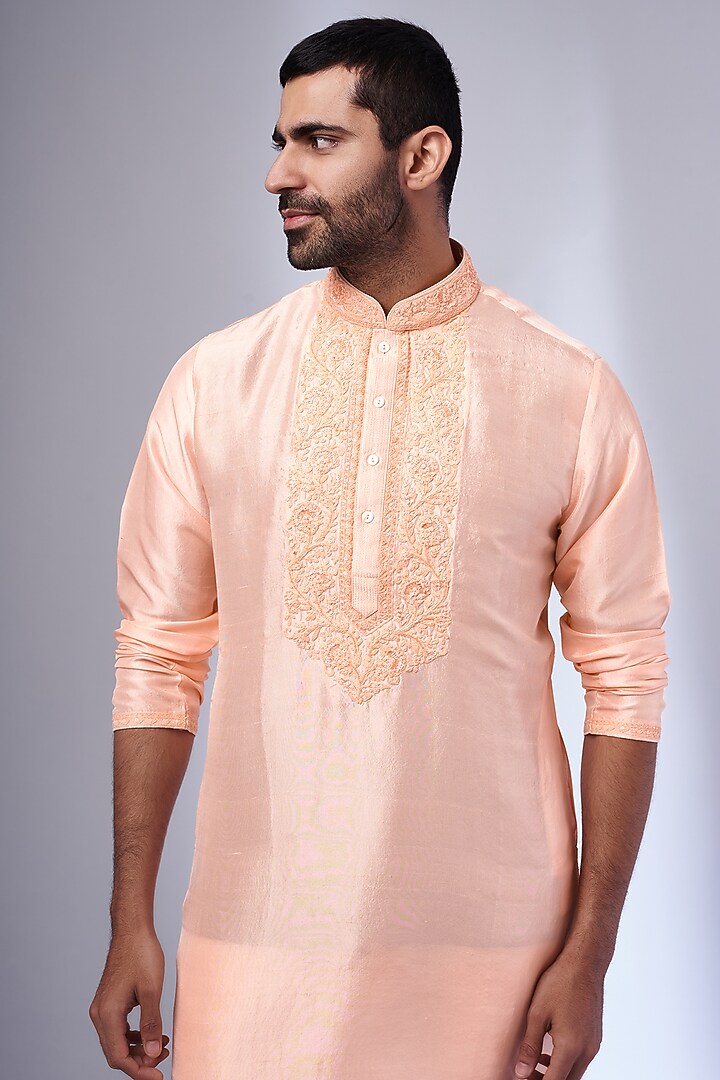 Peach Pure Silk Hand Embroidered Kurta Set by SAMMOHAN at Pernia's Pop Up Shop