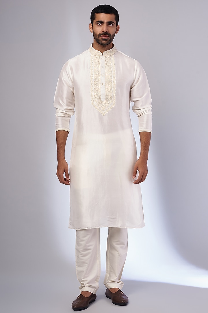 Ivory Pure Silk Hand Embroidered Kurta Set by SAMMOHAN at Pernia's Pop Up Shop
