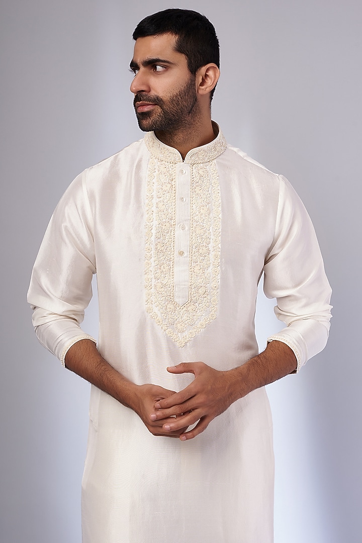 Ivory Pure Silk Hand Embroidered Kurta Set by SAMMOHAN at Pernia's Pop Up Shop