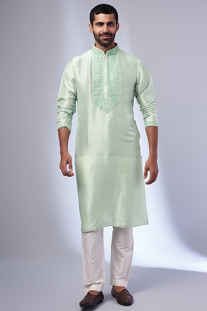 Mint Pure Silk Hand Embroidered Kurta Set by SAMMOHAN at Pernia's Pop Up Shop