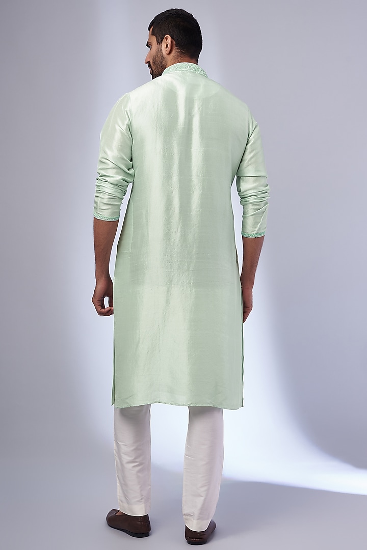 Mint Pure Silk Hand Embroidered Kurta Set by SAMMOHAN at Pernia's Pop Up Shop