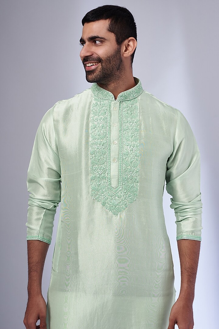 Mint Pure Silk Hand Embroidered Kurta Set by SAMMOHAN at Pernia's Pop Up Shop