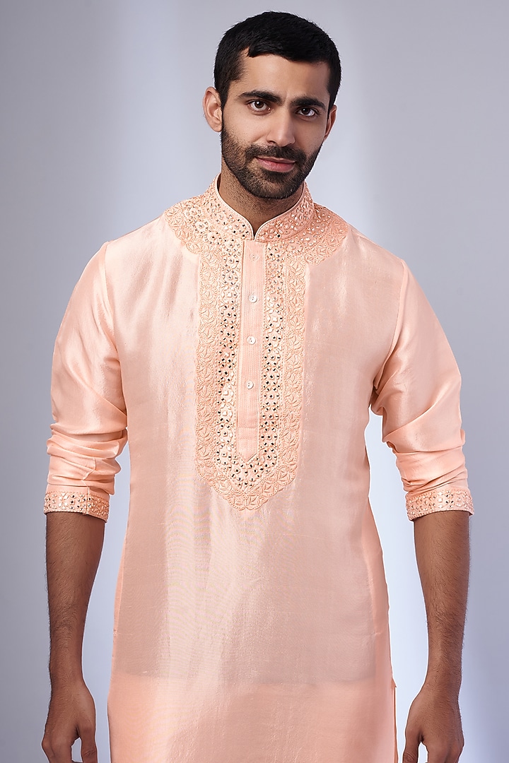 Peach Pure Silk Embroidered Kurta Set by SAMMOHAN at Pernia's Pop Up Shop