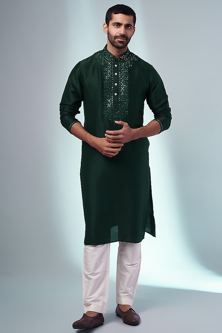 Emerald Green Pure Silk Embroidered Handcrafted Kurta Set by SAMMOHAN