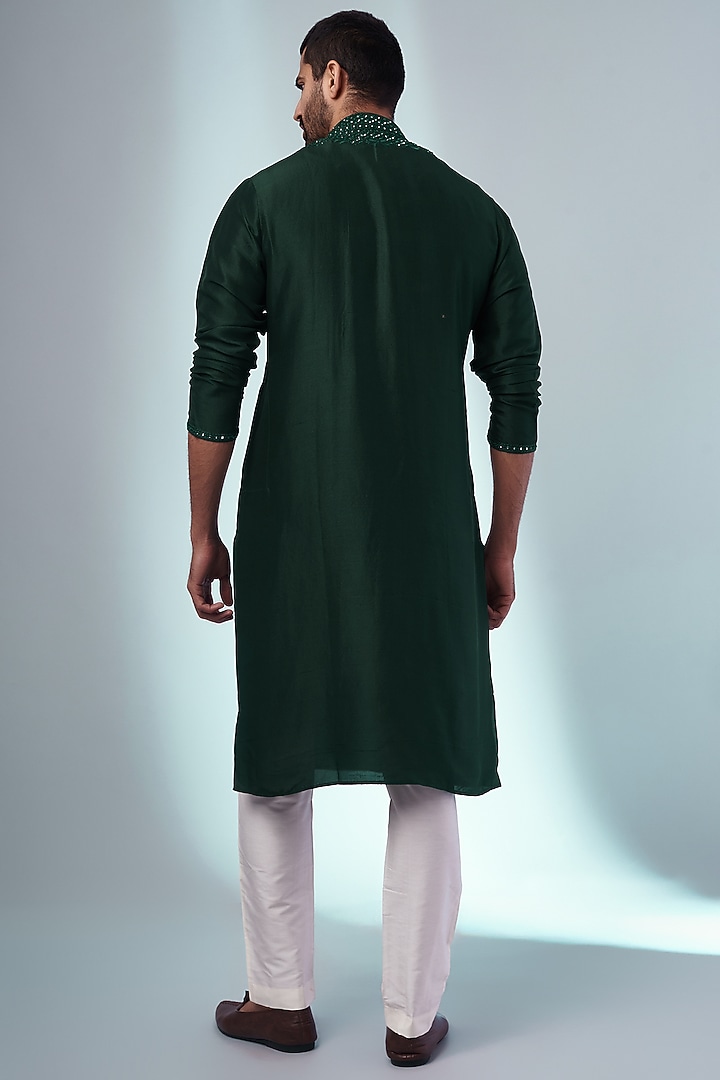 Emerald Green Pure Silk Embroidered Handcrafted Kurta Set by SAMMOHAN at Pernia's Pop Up Shop