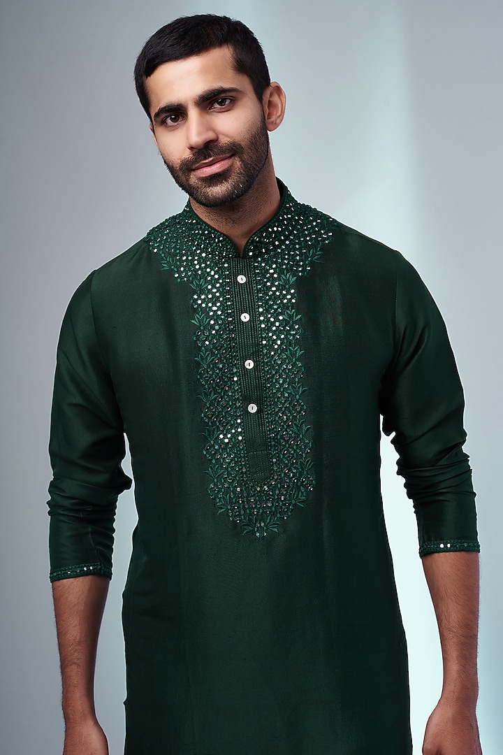 Emerald Green Pure Silk Embroidered Handcrafted Kurta Set by SAMMOHAN at Pernia's Pop Up Shop