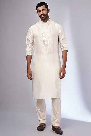 Ivory Pure Silk Embroidered Handcrafted Kurta Set by SAMMOHAN
