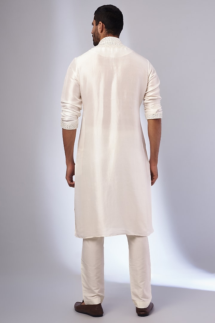 Ivory Pure Silk Embroidered Handcrafted Kurta Set by SAMMOHAN at Pernia's Pop Up Shop