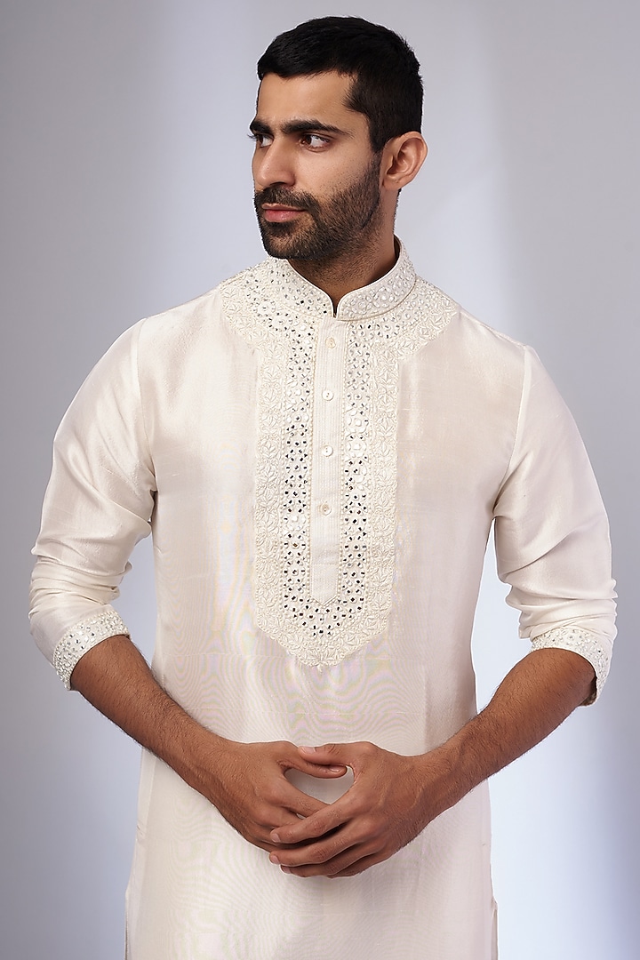 Ivory Pure Silk Embroidered Handcrafted Kurta Set by SAMMOHAN at Pernia's Pop Up Shop