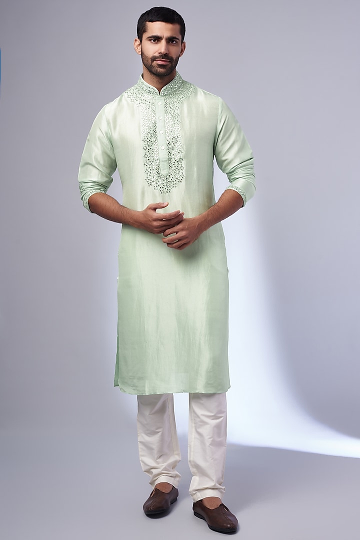 Mint Pure Silk Embroidered Handcrafted Kurta Set by SAMMOHAN