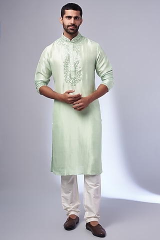 Mint Pure Silk Embroidered Handcrafted Kurta Set by SAMMOHAN