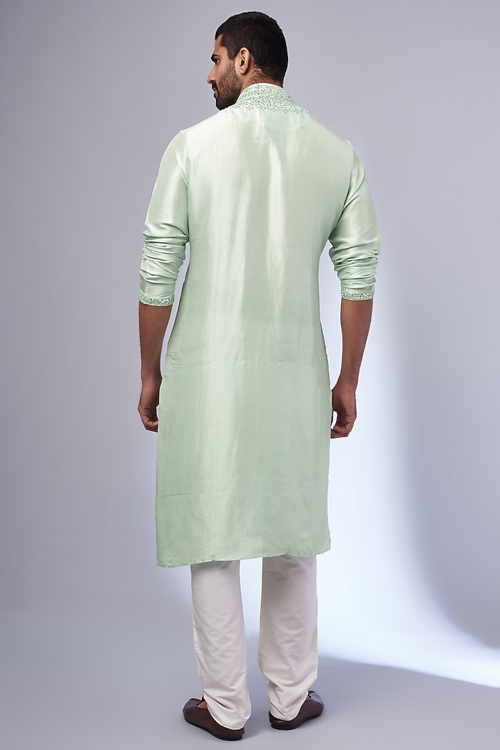 Mint Pure Silk Embroidered Handcrafted Kurta Set by SAMMOHAN at Pernia's Pop Up Shop