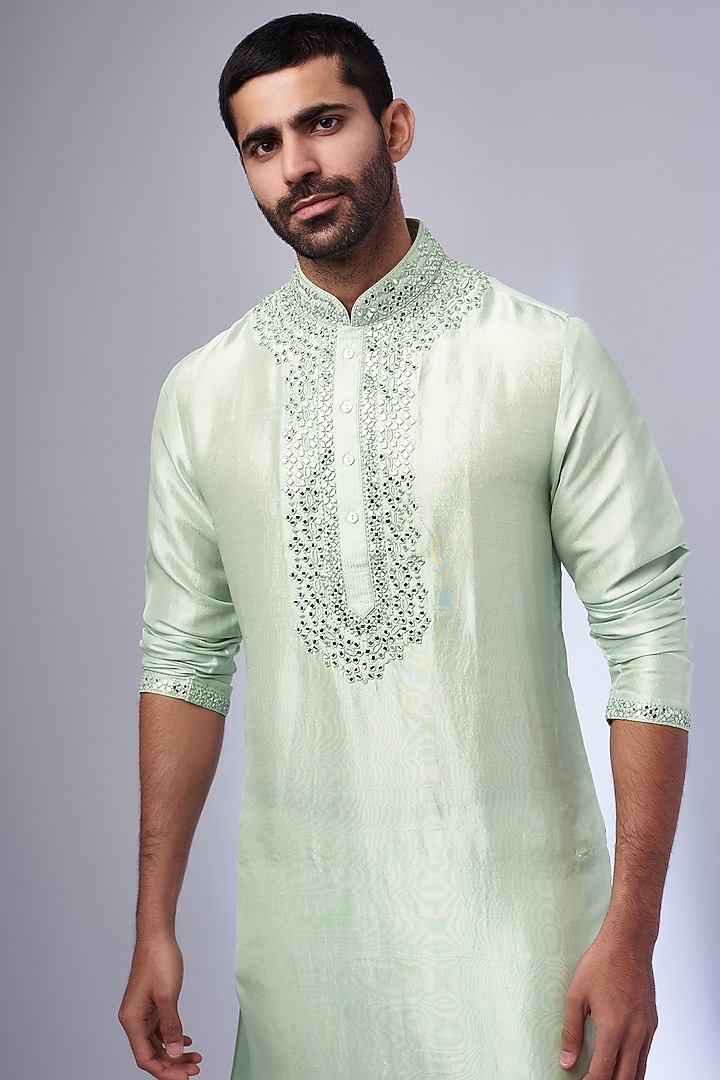 Mint Pure Silk Embroidered Handcrafted Kurta Set by SAMMOHAN at Pernia's Pop Up Shop