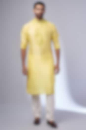 Yellow Pure Silk Embroidered Handcrafted Kurta Set by SAMMOHAN