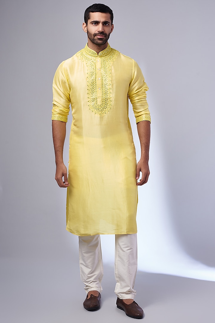 Yellow Pure Silk Embroidered Handcrafted Kurta Set by SAMMOHAN