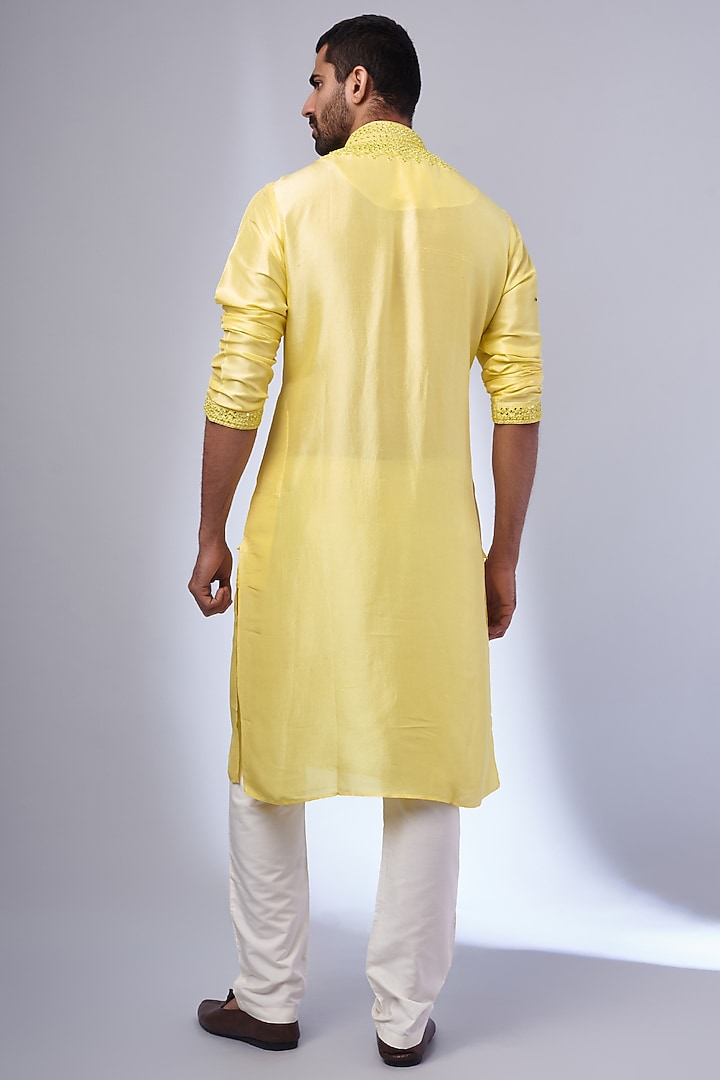 Yellow Pure Silk Embroidered Handcrafted Kurta Set by SAMMOHAN at Pernia's Pop Up Shop